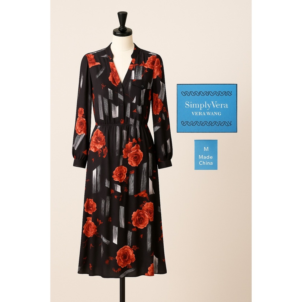Simply‎ Vera Wang Midi Dress Sz M Black/Red Floral Mesh Cottagecore Bohemian